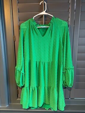 CeCe Bright Green Ruffled V-Neck Tiered Dress
